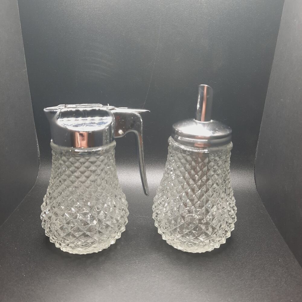 Vintage Cambridge Clear Glass Sugar & Syrup Set Diamond Point Pressed Glass MCM